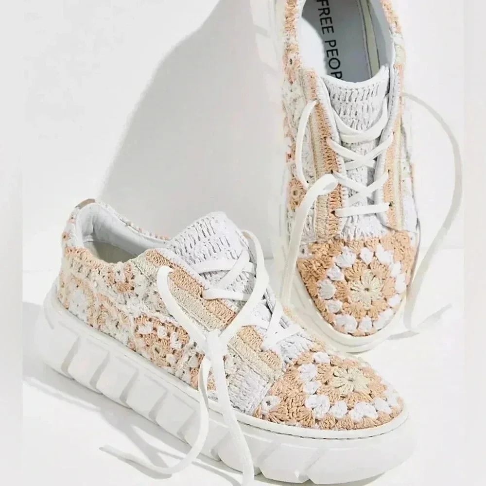 Free People Catch Me If You Can Crochet Cream Yellow White Platform Sneaker Sz 7